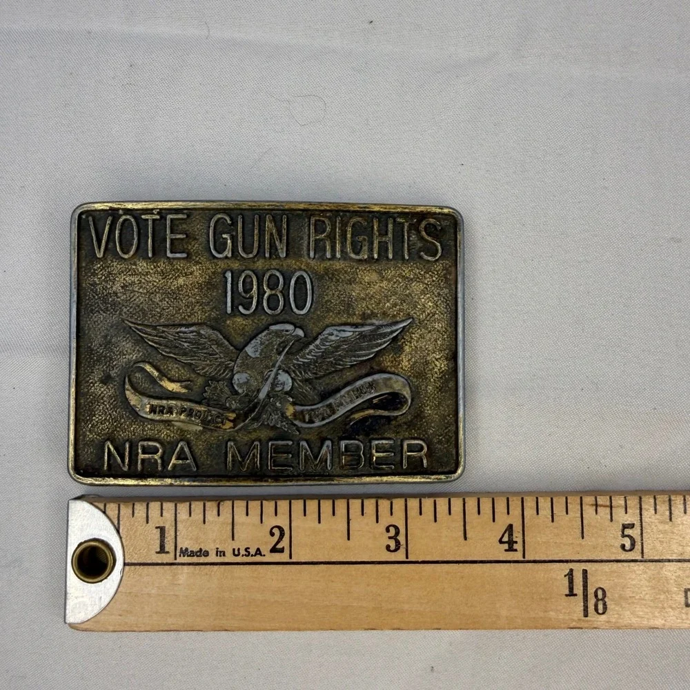 Vintage 1980 Western Cowboy NRA Member Belt Buckle Vote Gun Rights